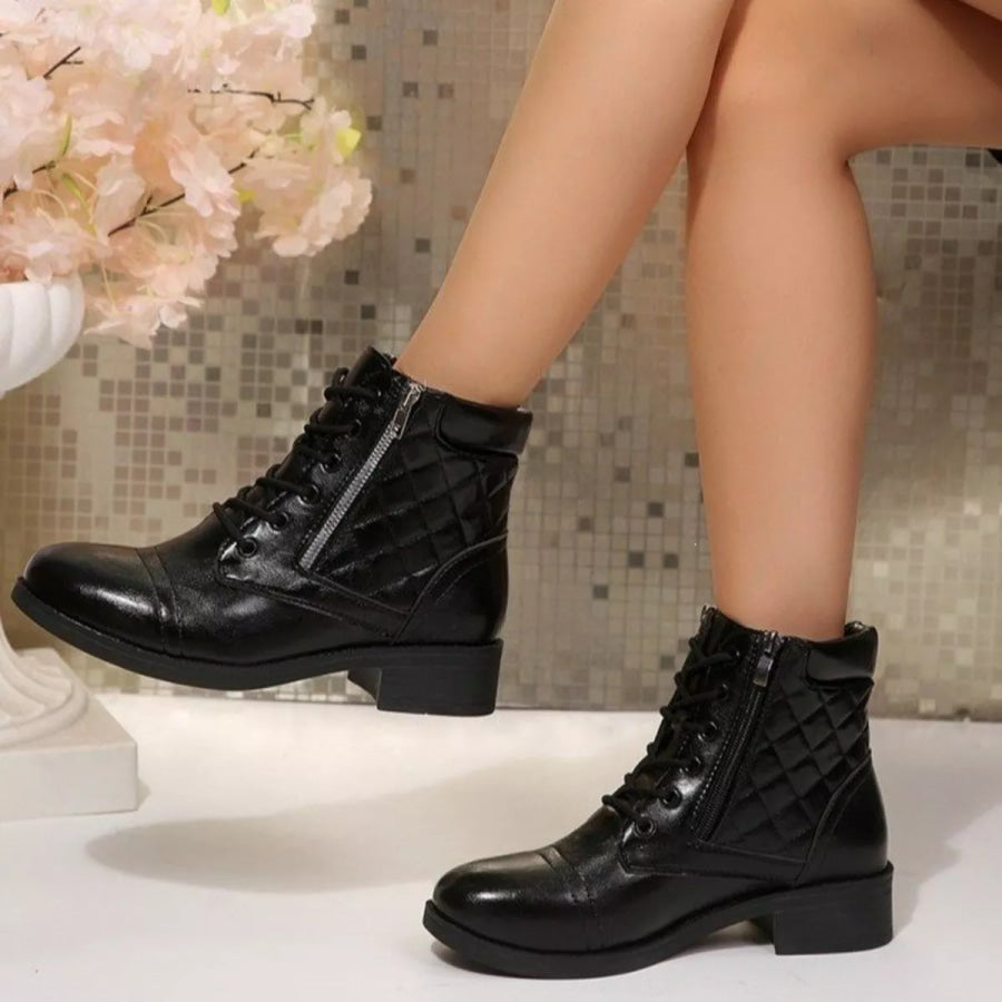 Quilted Lace-Up Side Zipper Combat Boots Black / 36 Apparel and Accessories