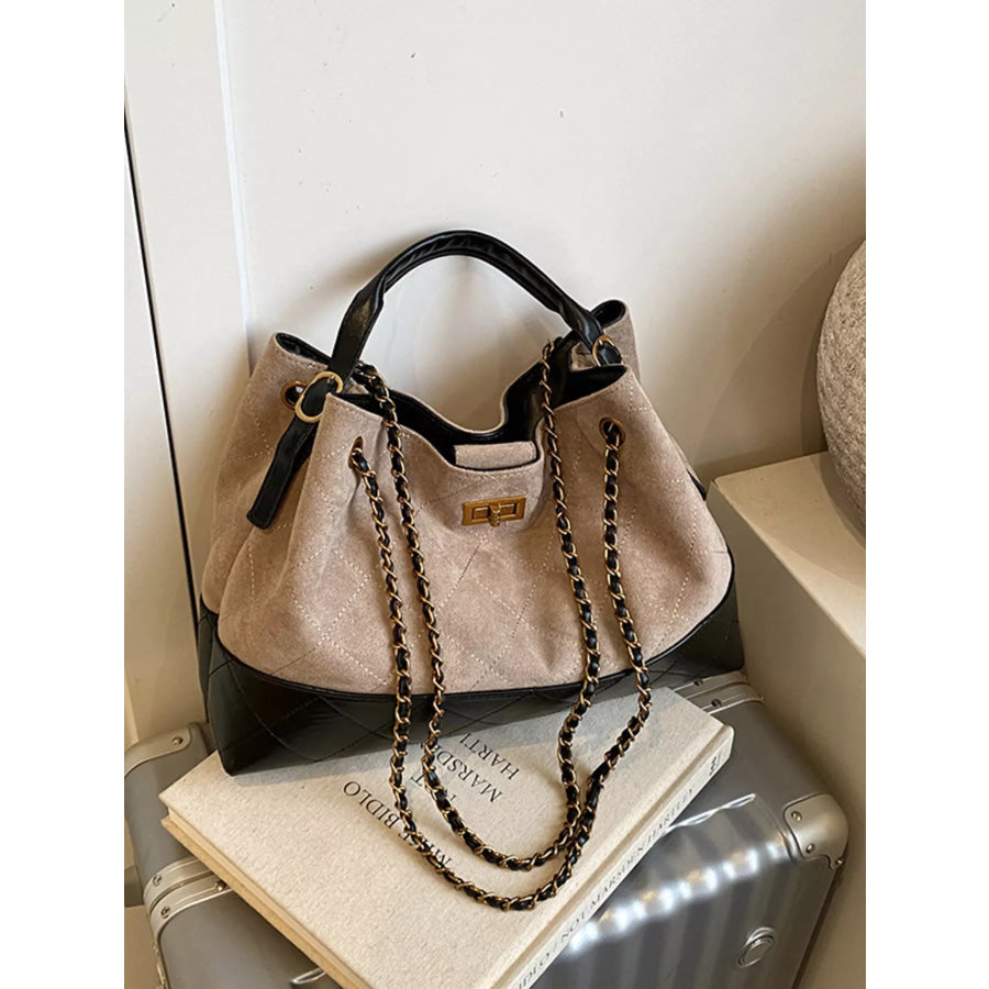 Quilted Leather Chain Strap Crossbody Bag Khaki / One Size Apparel and Accessories