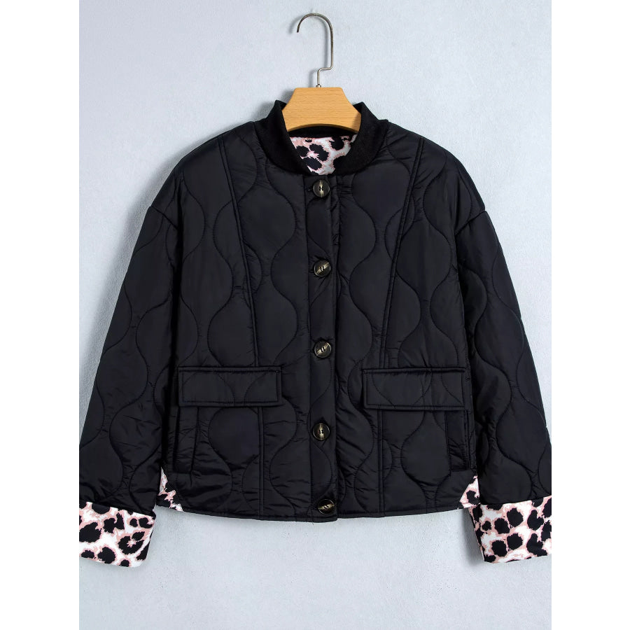 Quilted Leopard Cuff Button Down Puffer Jacket Apparel and Accessories