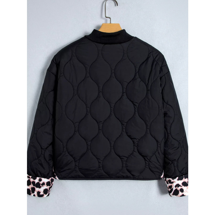 Quilted Leopard Cuff Button Down Puffer Jacket Apparel and Accessories