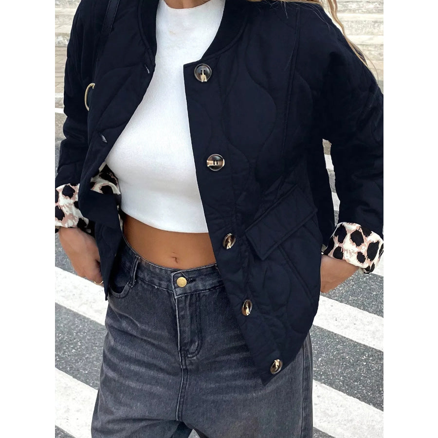 Quilted Leopard Cuff Button Down Puffer Jacket Black / S Apparel and Accessories