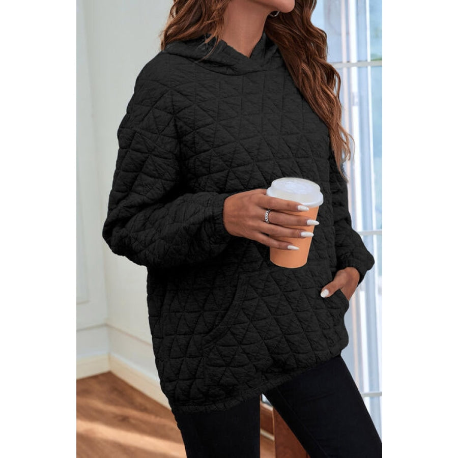 Quilted Long Sleeve Hoodie with Pocket Black / S Clothing