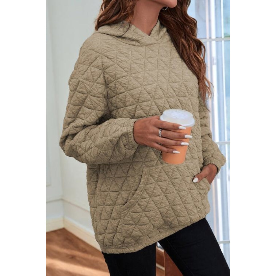 Quilted Long Sleeve Hoodie with Pocket Khaki / S Clothing