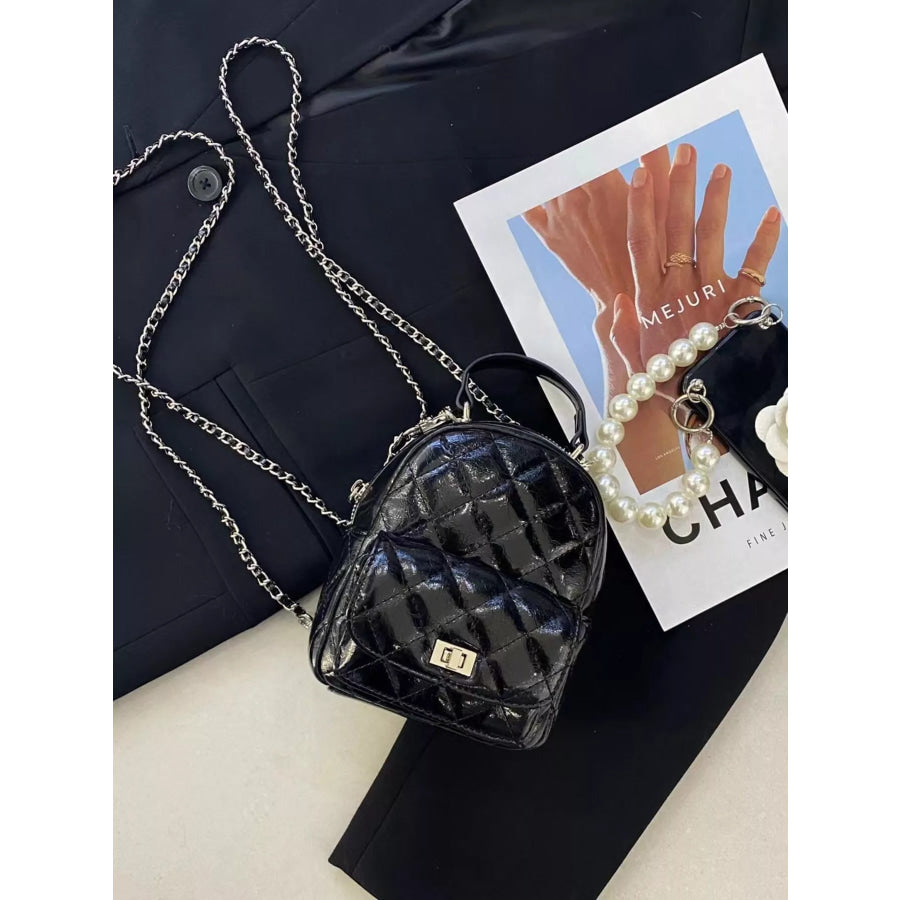 Quilted Metallic and Patent Mini Backpack Bag with Chain Strap Apparel Accessories