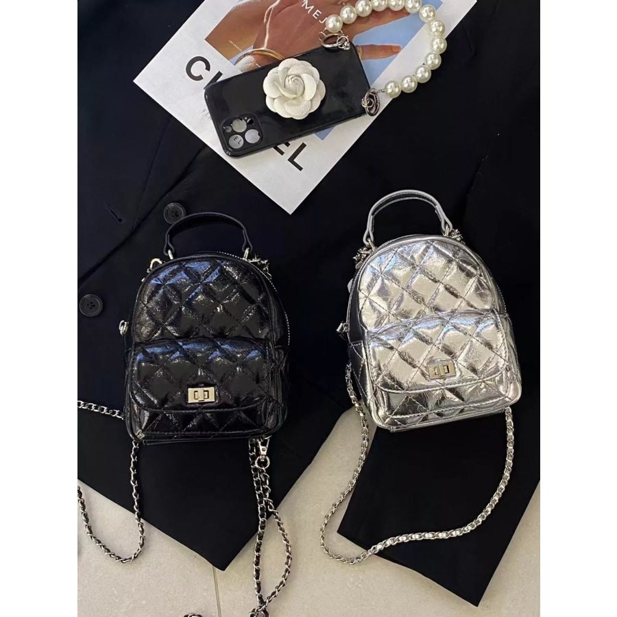 Quilted Metallic and Patent Mini Backpack Bag with Chain Strap Apparel Accessories