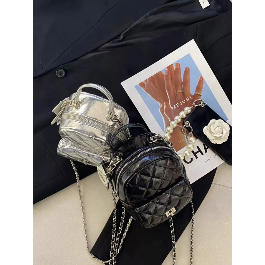 Quilted Metallic and Patent Mini Backpack Bag with Chain Strap Apparel Accessories