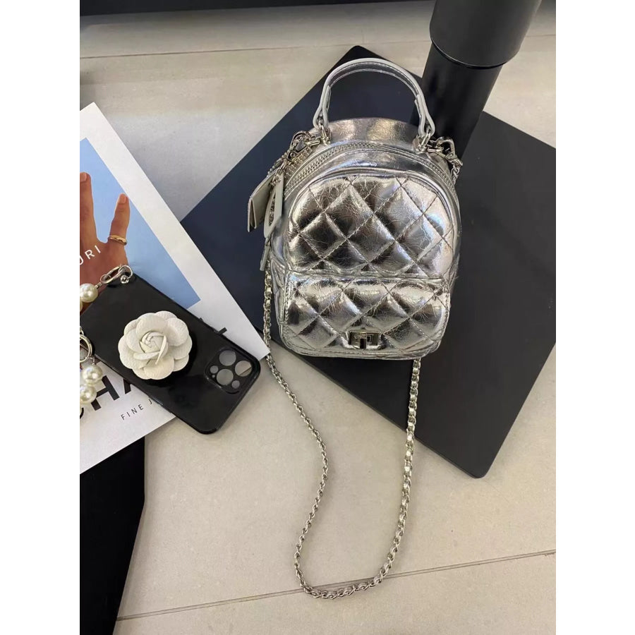 Quilted Metallic and Patent Mini Backpack Bag with Chain Strap Apparel Accessories