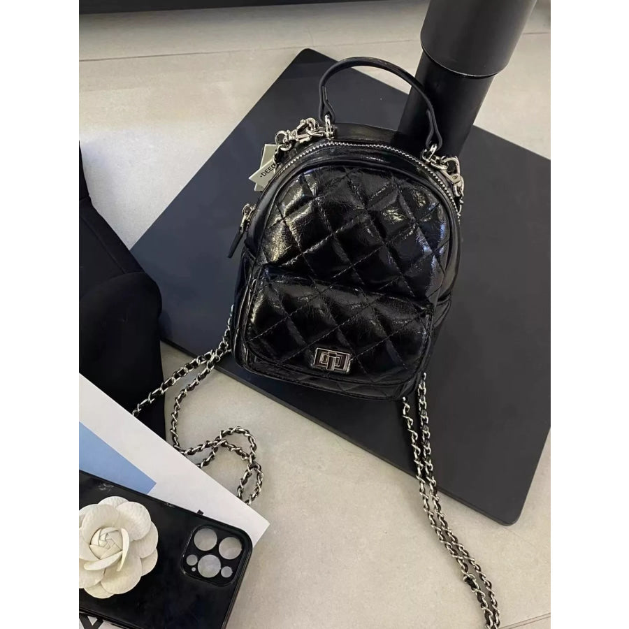 Quilted Metallic and Patent Mini Backpack Bag with Chain Strap Black / onesize Apparel Accessories