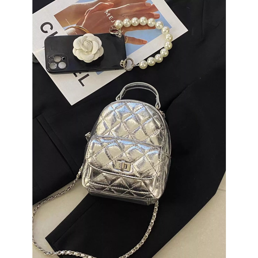 Quilted Metallic and Patent Mini Backpack Bag with Chain Strap Silver / onesize Apparel Accessories