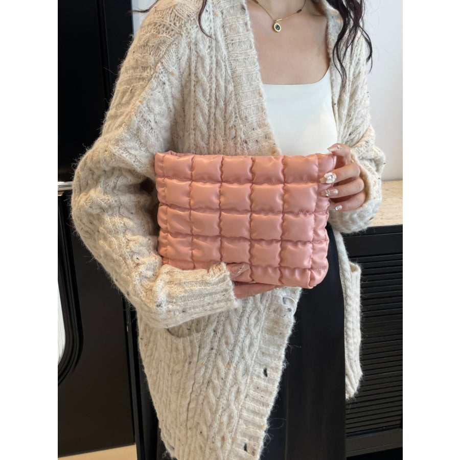 Quilted Plaid Clutch with Zipper Dusty Pink / One Size Apparel and Accessories