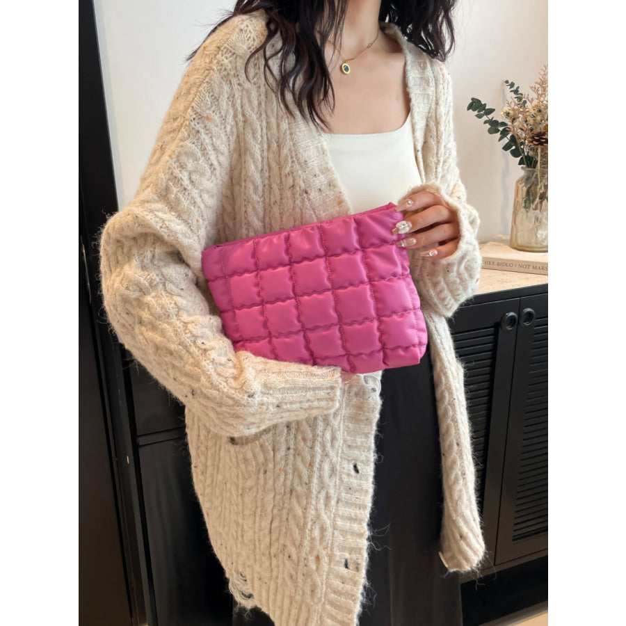 Quilted Plaid Clutch with Zipper Hot Pink / One Size Apparel and Accessories