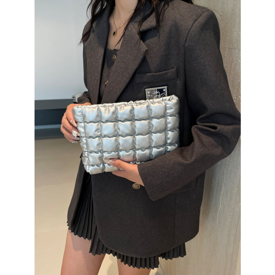 Quilted Plaid Clutch with Zipper Silver / One Size Apparel and Accessories