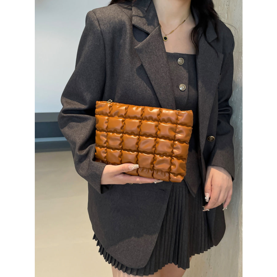 Quilted Plaid Clutch with Zipper Terracotta / One Size Apparel and Accessories