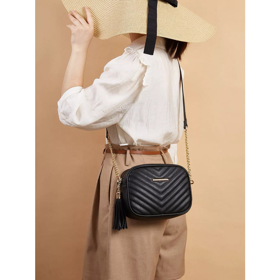 Quilted PU Leather Crossbody Bag with Tassel Apparel and Accessories