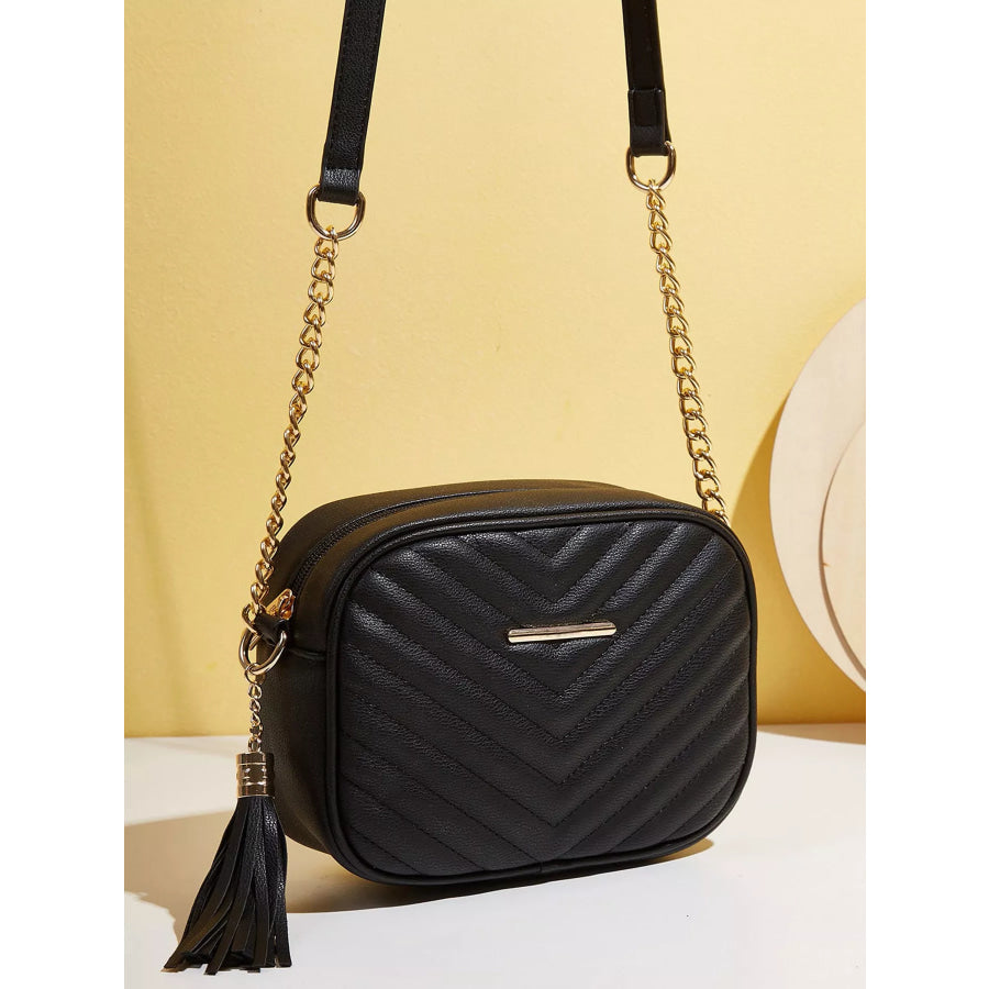 Quilted PU Leather Crossbody Bag with Tassel Black / ONESIZE Apparel and Accessories