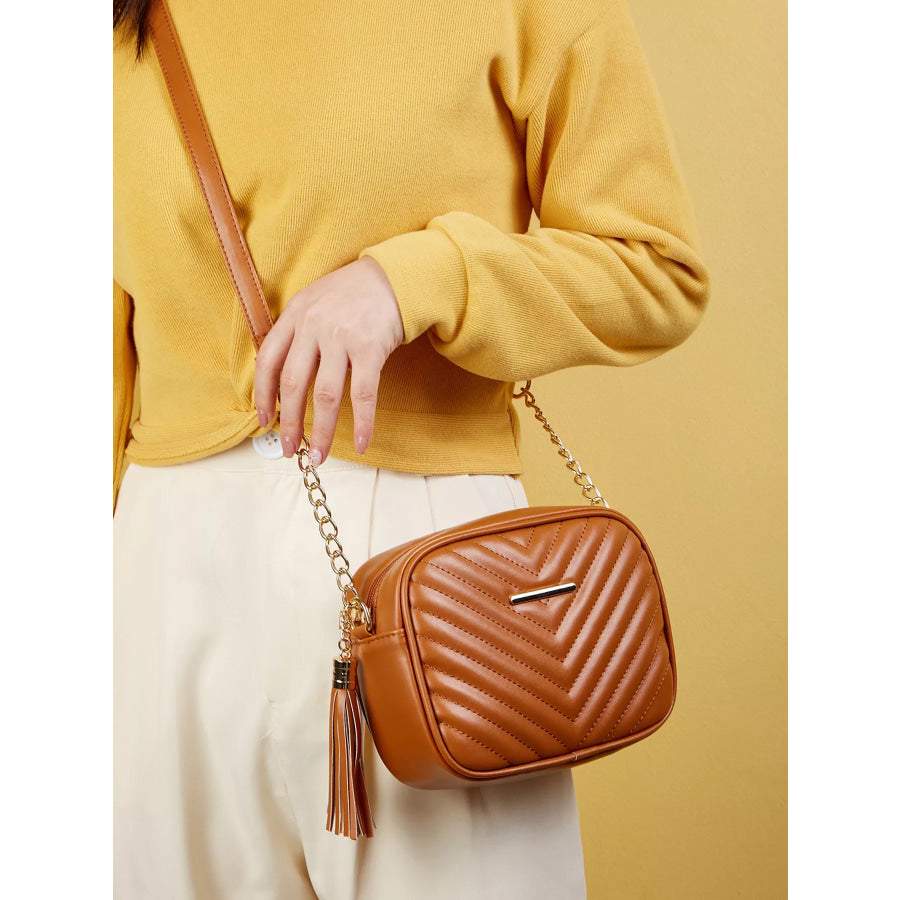 Quilted PU Leather Crossbody Bag with Tassel Light Brown / ONESIZE Apparel and Accessories
