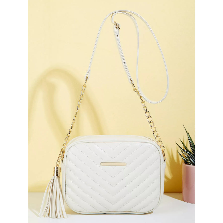 Quilted PU Leather Crossbody Bag with Tassel Off-white / ONESIZE Apparel and Accessories