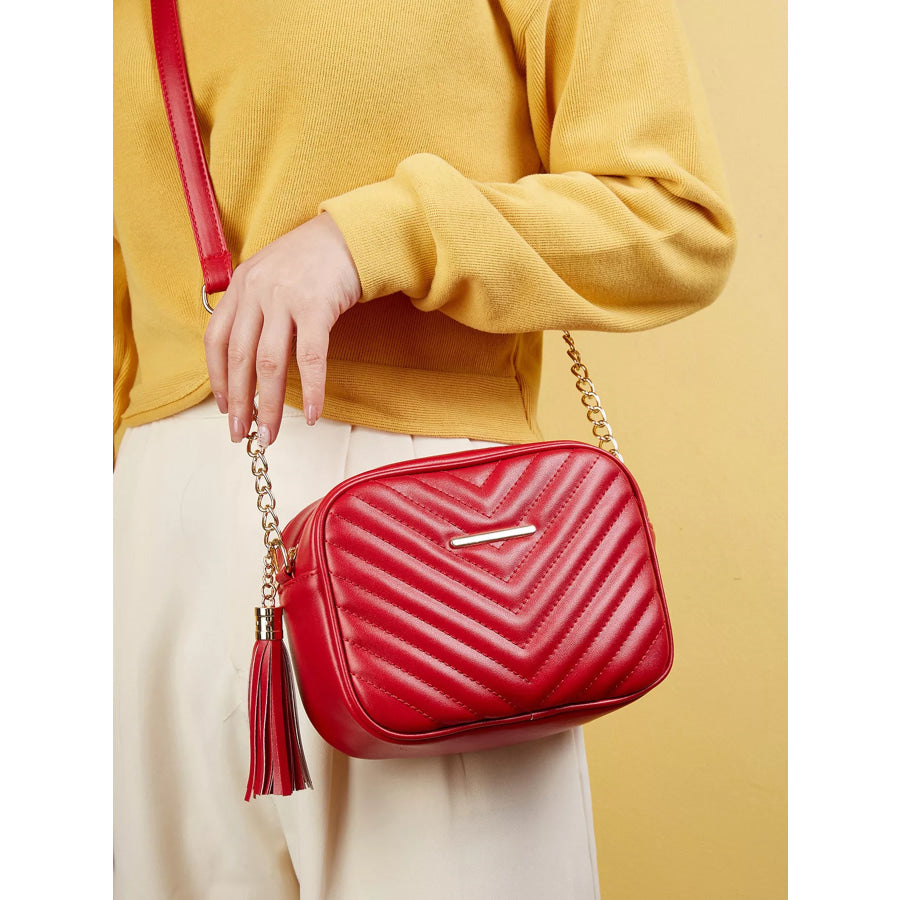 Quilted PU Leather Crossbody Bag with Tassel Red / ONESIZE Apparel and Accessories