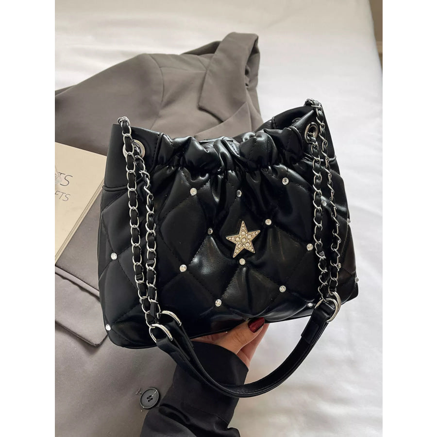 Quilted Rhinestone Star Decor Shoulder Bag Black / One Size Apparel and Accessories