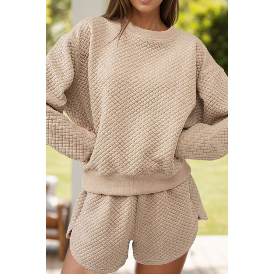 Quilted Round Neck Long Sleeve Top and Shorts Set Dust Storm / L Apparel and Accessories