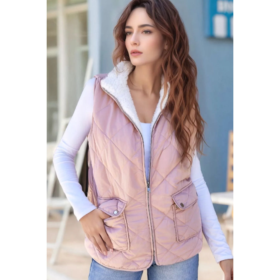 Quilted Sherpa-Lined Vest Coat Dusty Pink / S Apparel and Accessories