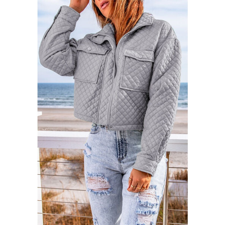 Quilted Snap and Zip Long Sleeve Cropped Jacket Cloudy Blue / S Clothing