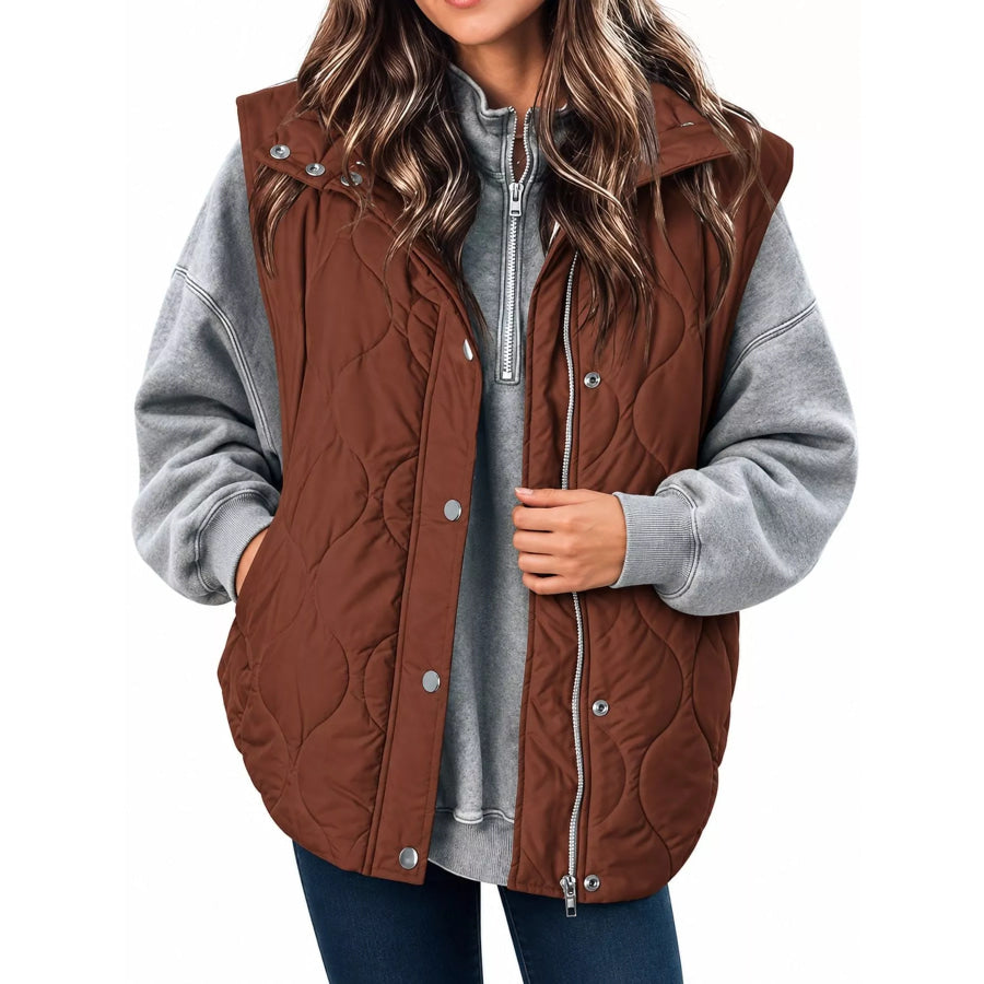 Quilted Snap Button Vest Coat Brown / S Apparel and Accessories