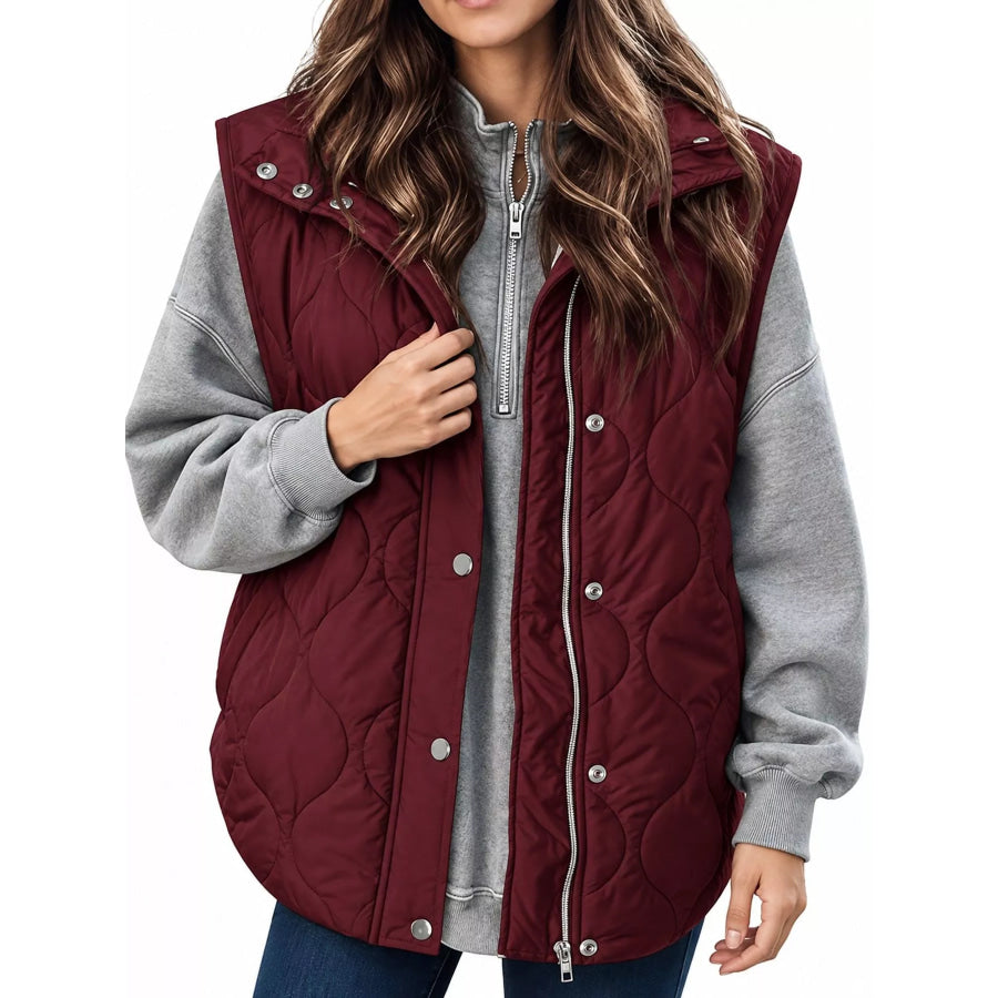 Quilted Snap Button Vest Coat Burgundy / S Apparel and Accessories