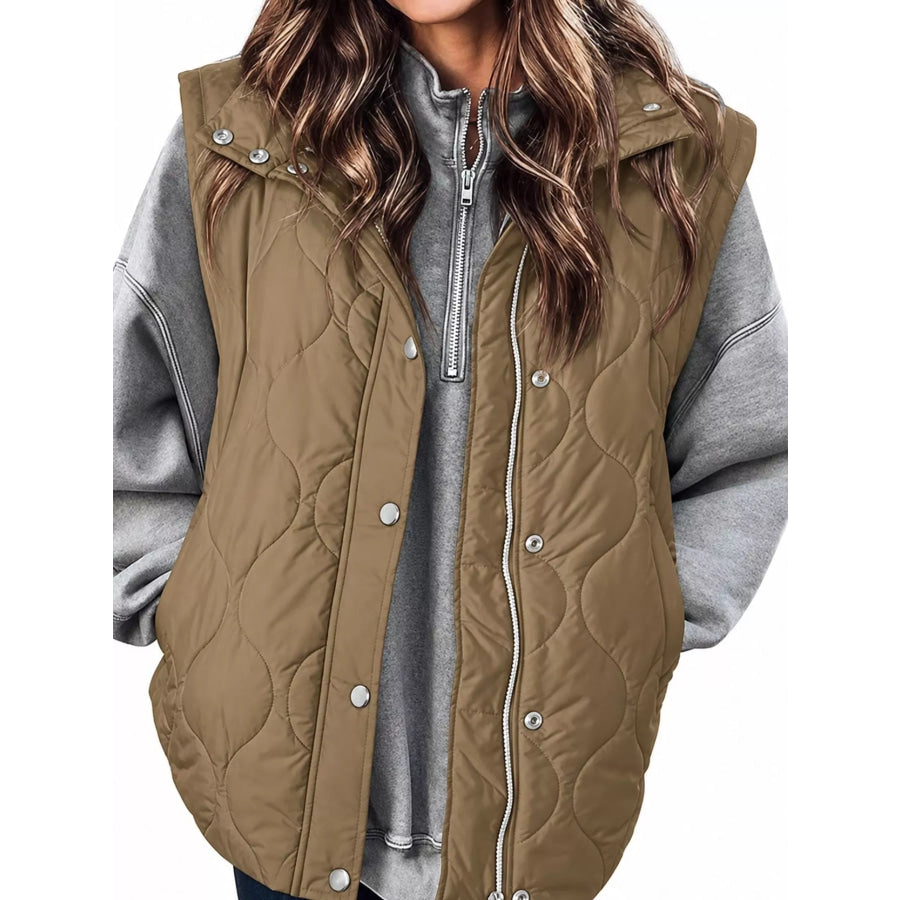 Quilted Snap Button Vest Coat Dark Khaki / S Apparel and Accessories