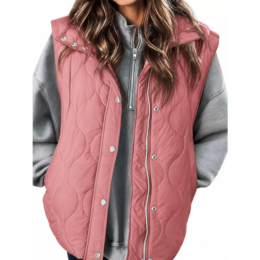 Quilted Snap Button Vest Coat Pink / S Apparel and Accessories