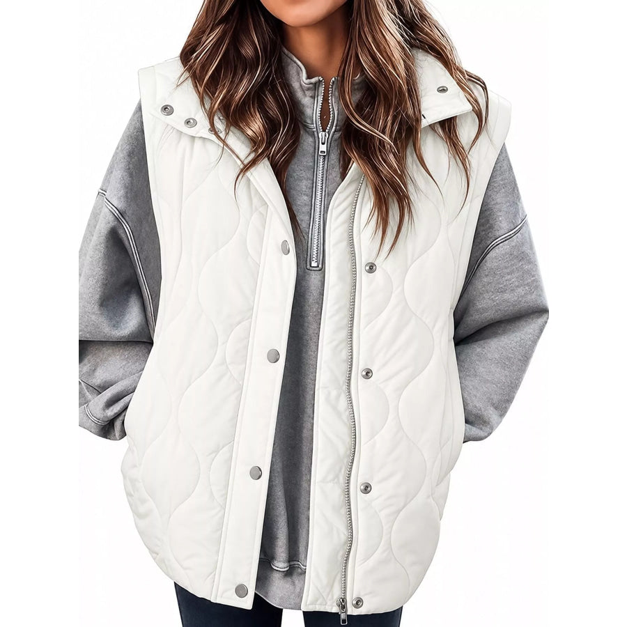 Quilted Snap Button Vest Coat White / S Apparel and Accessories