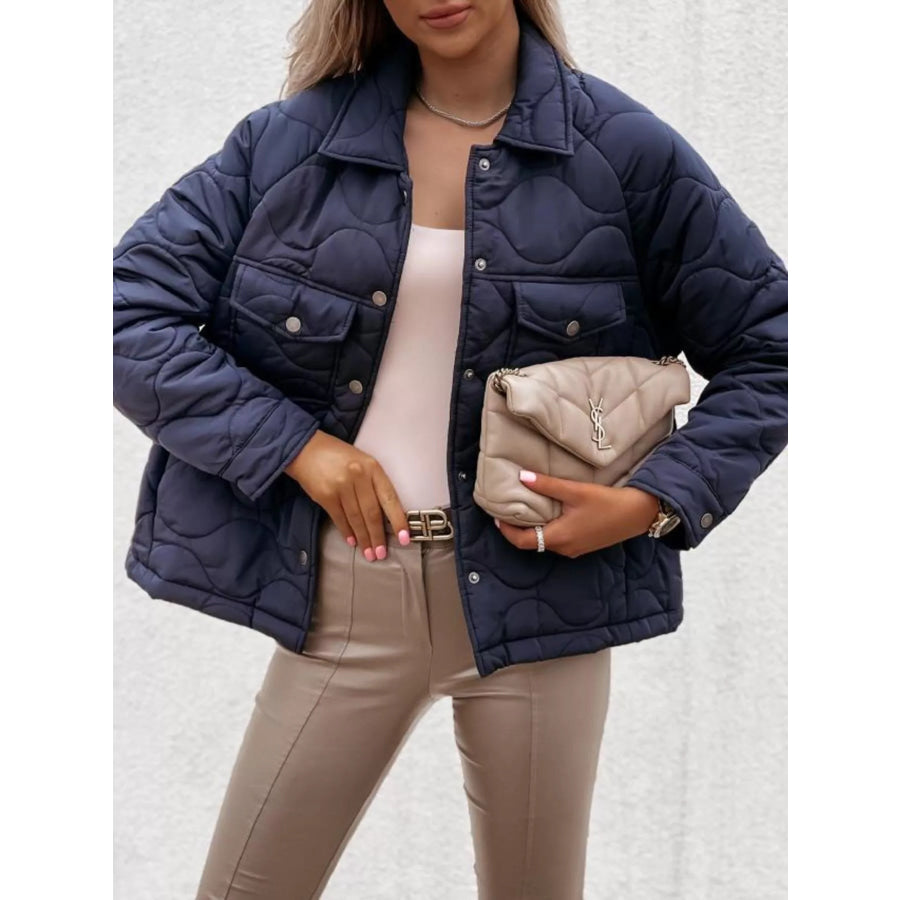 Quilted Snap-Down Casual Jacket Navy Blue / S Apparel and Accessories
