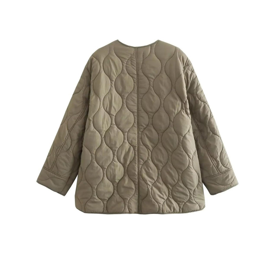 Quilted Snap Down Round Neck Winter Coat Apparel and Accessories