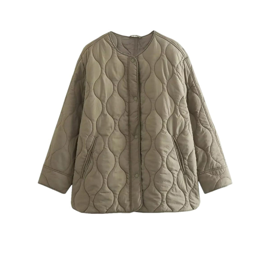 Quilted Snap Down Round Neck Winter Coat Apparel and Accessories