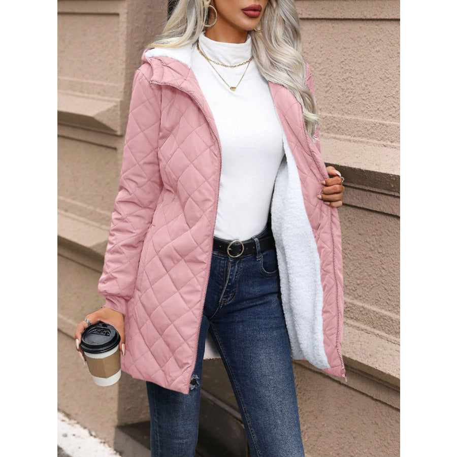 Quilted Zip Up Hooded Jacket with Pockets Dusty Pink / XXS Apparel and Accessories