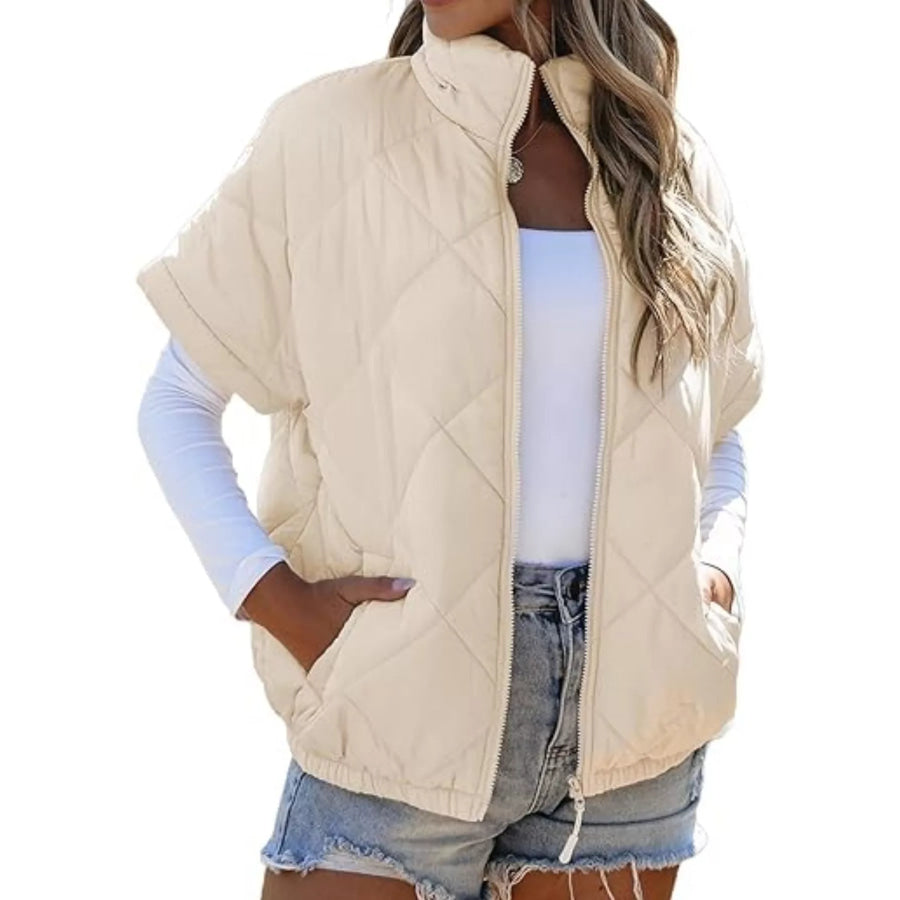 Quilted Zip Up Short Sleeve Winter Coat Apparel and Accessories