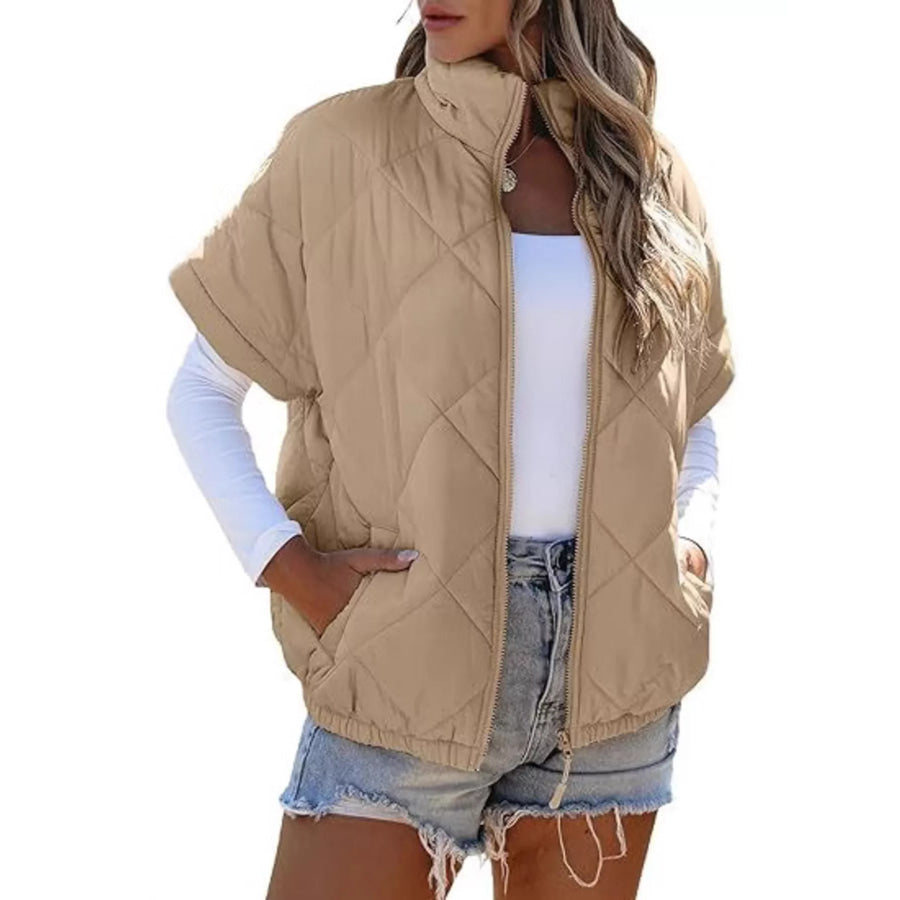 Quilted Zip Up Short Sleeve Winter Coat Apparel and Accessories