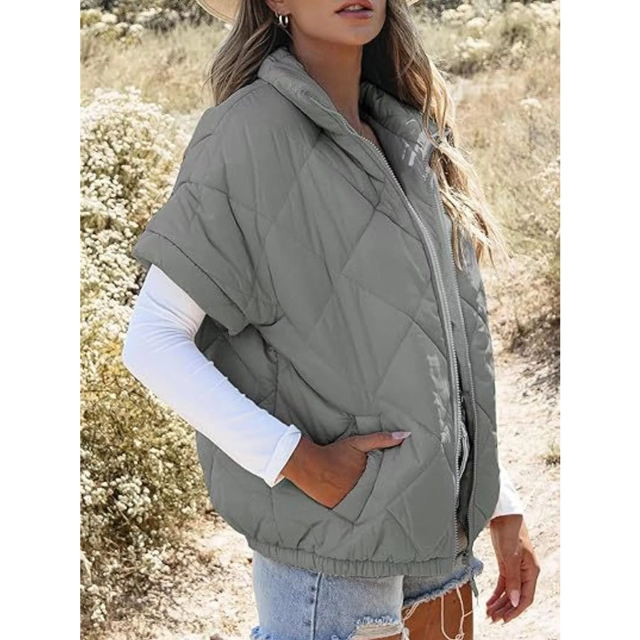 Quilted Zip Up Short Sleeve Winter Coat Apparel and Accessories