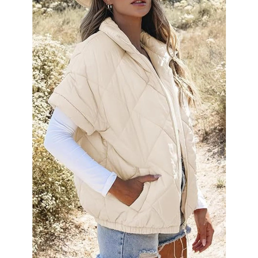 Quilted Zip Up Short Sleeve Winter Coat Apricot / S Apparel and Accessories