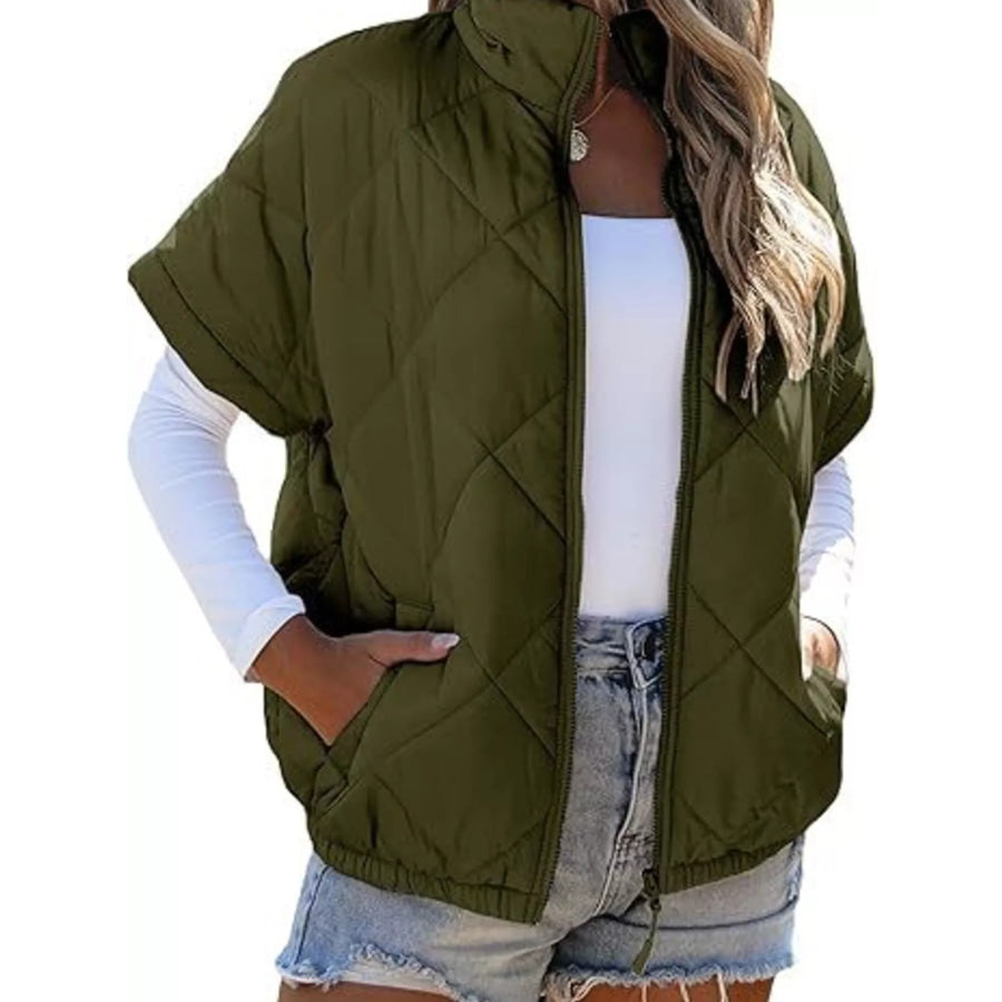 Quilted Zip Up Short Sleeve Winter Coat Army Green / S Apparel and Accessories