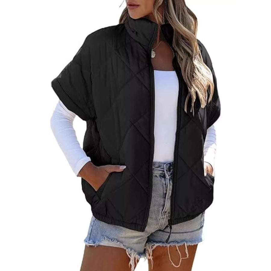 Quilted Zip Up Short Sleeve Winter Coat Black / S Apparel and Accessories