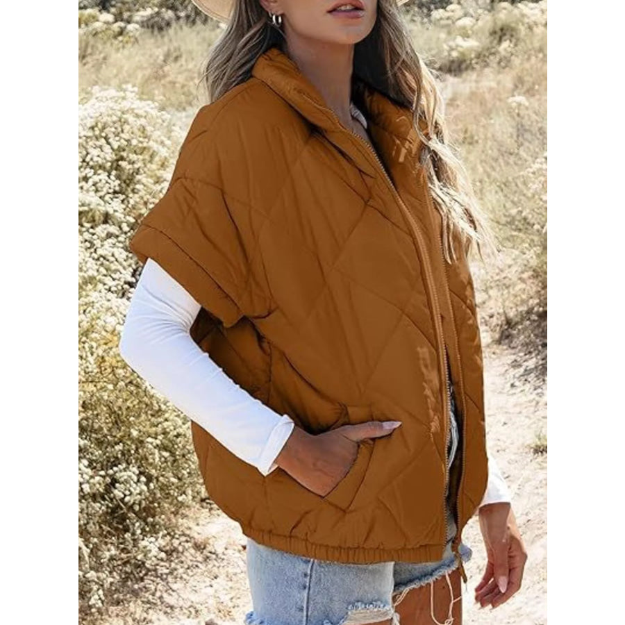 Quilted Zip Up Short Sleeve Winter Coat Caramel / S Apparel and Accessories