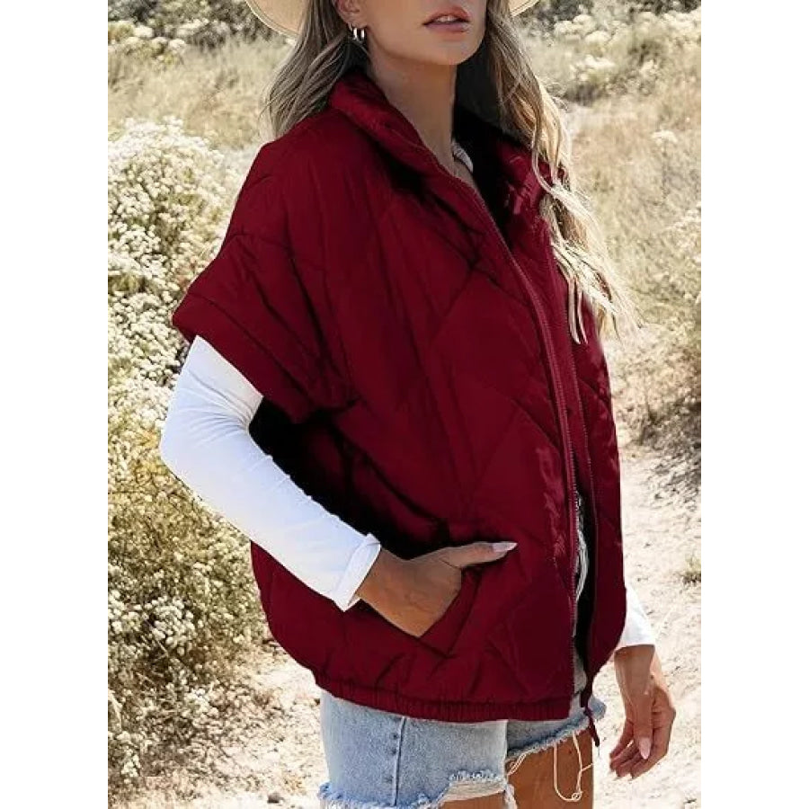 Quilted Zip Up Short Sleeve Winter Coat Deep Red / S Apparel and Accessories