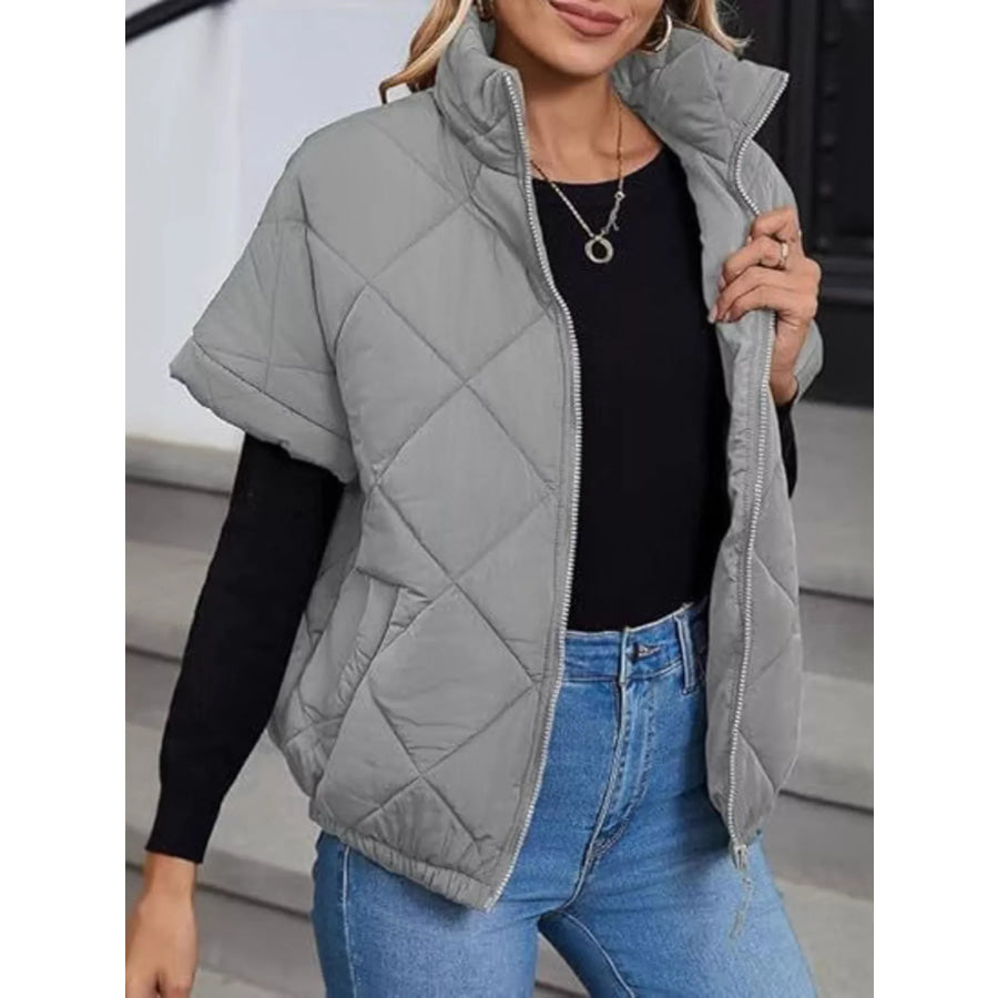 Quilted Zip Up Short Sleeve Winter Coat Grey / S Apparel and Accessories
