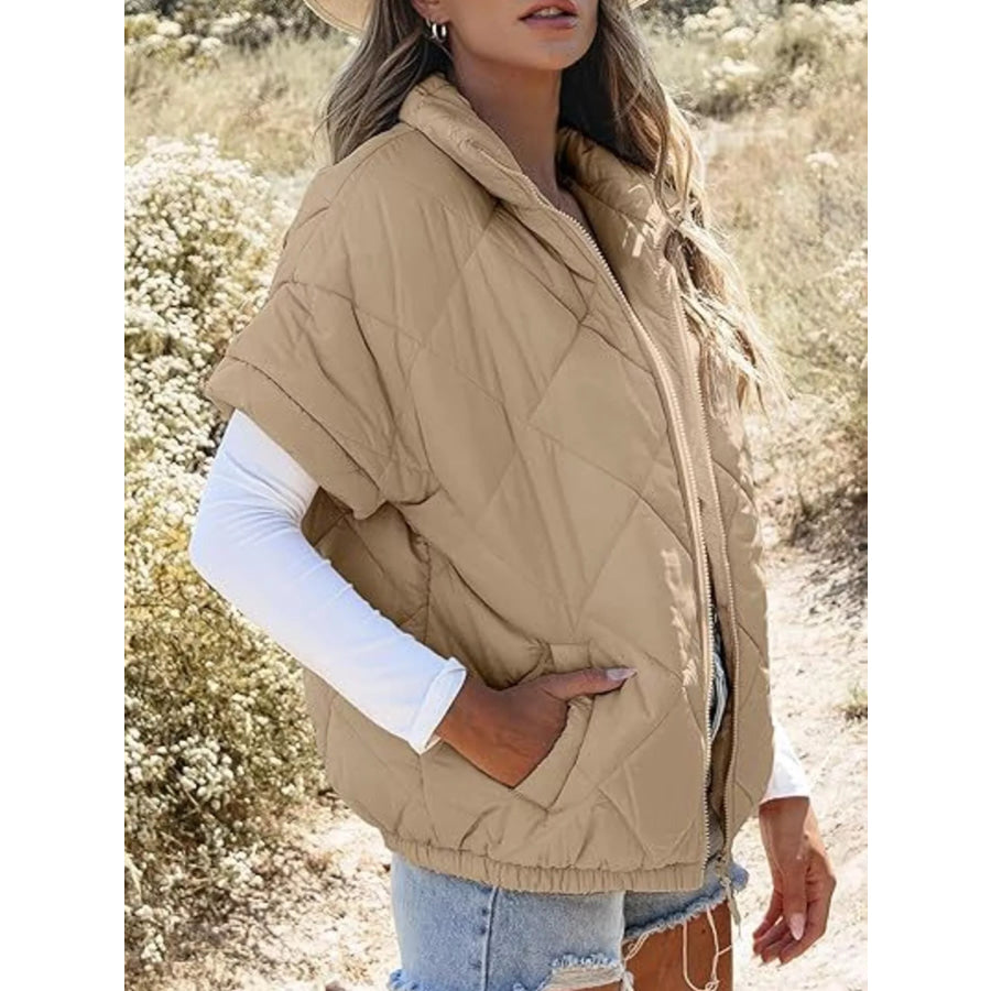 Quilted Zip Up Short Sleeve Winter Coat Khaki / S Apparel and Accessories