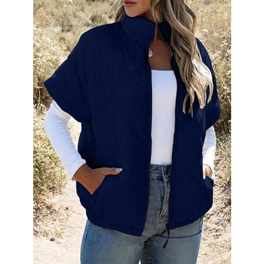 Quilted Zip Up Short Sleeve Winter Coat Navy Blue / S Apparel and Accessories