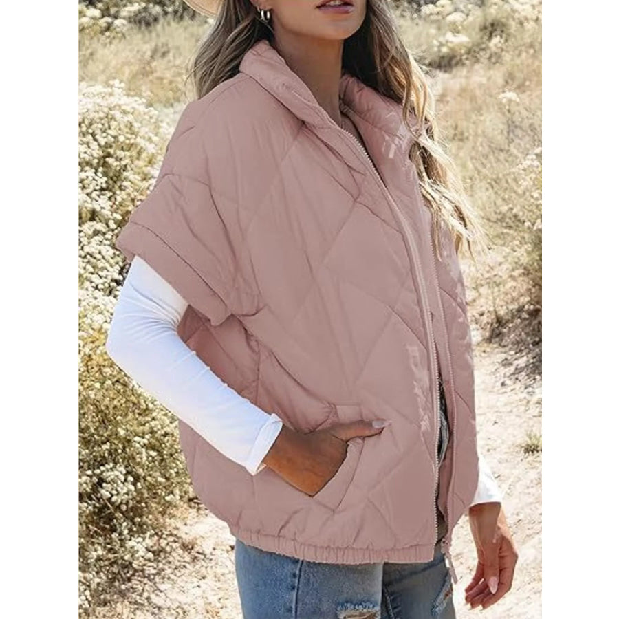 Quilted Zip Up Short Sleeve Winter Coat Pink / S Apparel and Accessories