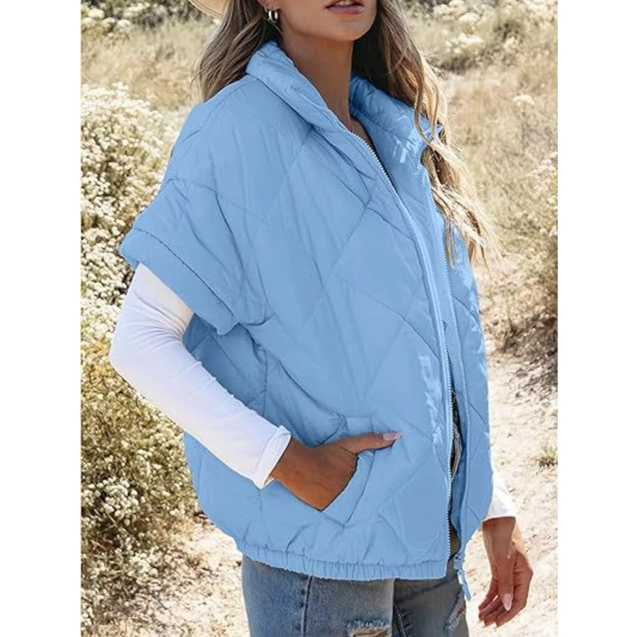 Quilted Zip Up Short Sleeve Winter Coat Sky Blue / S Apparel and Accessories