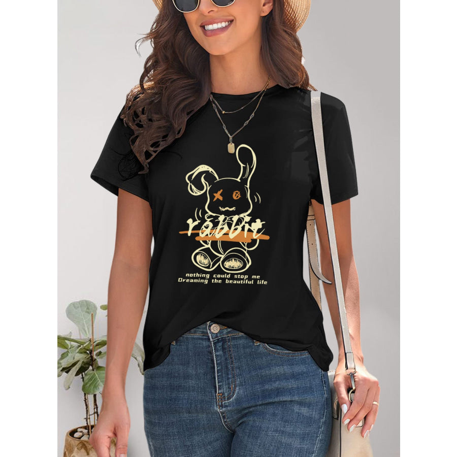 Rabbit Graphic Round Neck Short Sleeve T - Shirt Apparel and Accessories