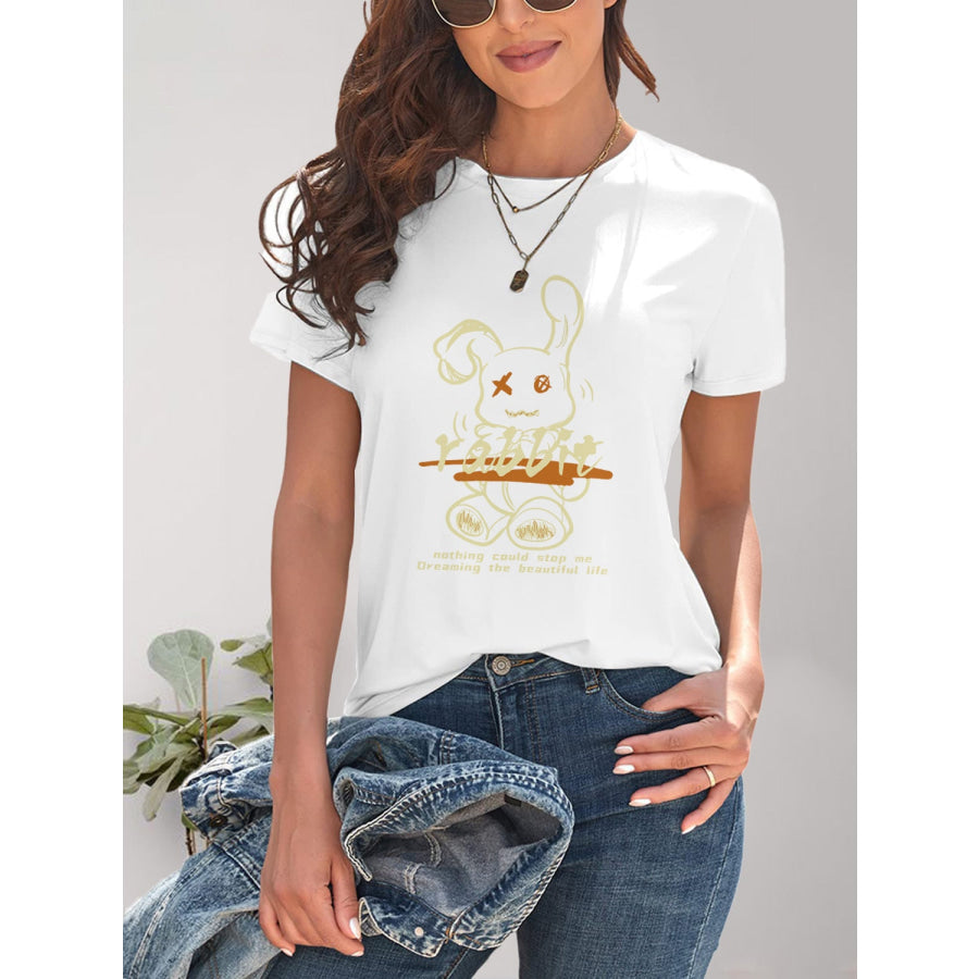 Rabbit Graphic Round Neck Short Sleeve T - Shirt Apparel and Accessories